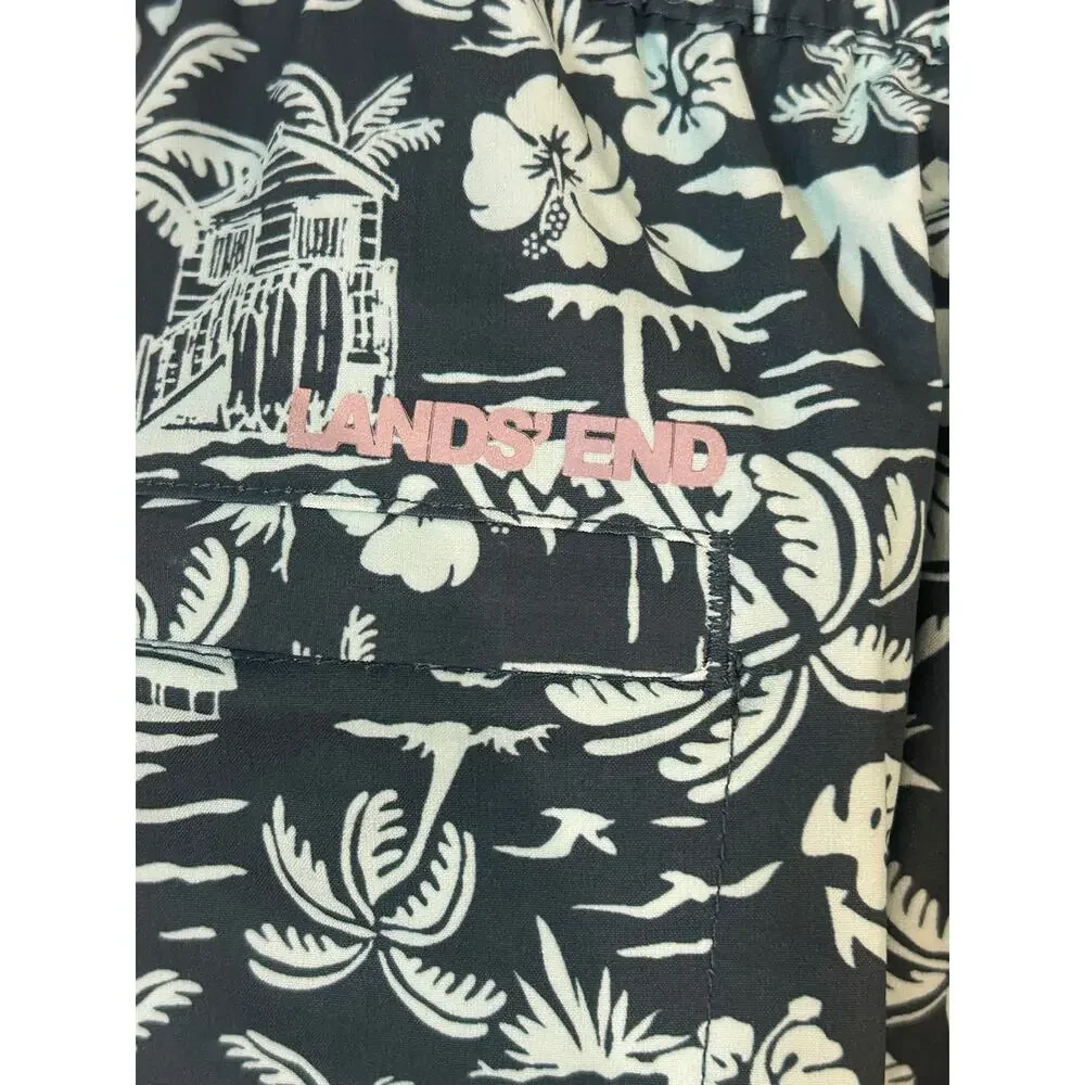 LANDS END Sz L Green Volley Swim Shorts dark green Tropical Liner Beach Vacation